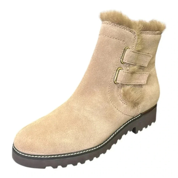 Franco Sarto Crystal Water Resistant Faux Fur Trim Ankle Boots Sz 8.5 Sandstone - Picture 4 of 12